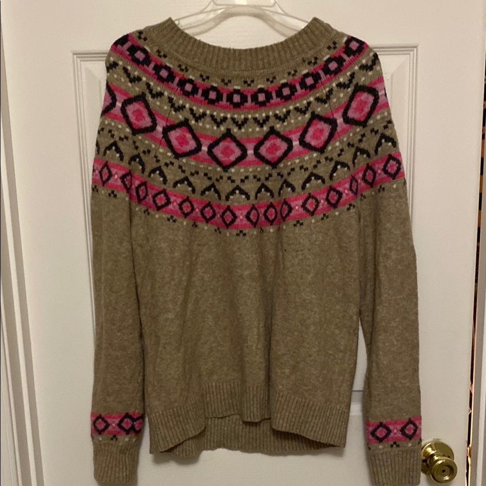 Cream and Pink Fair Isle Crew Neck Sweater